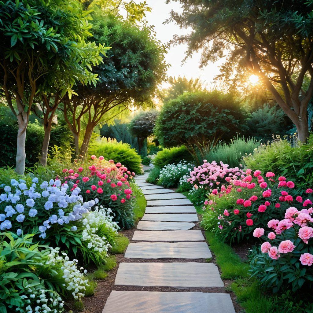 A serene pathway lined with lush greenery and blooming flowers, leading towards a radiant sunrise symbolizing hope and happiness. Soft, glowing orbs float above the path, representing peaceful thoughts and strategies for lasting bliss. In the foreground, a tranquil figure meditates, embodying contentment. The color palette should be warm and inviting, with soft pastels intermingling with vibrant floral hues. surrealistic. soft glow. vibrant colors.