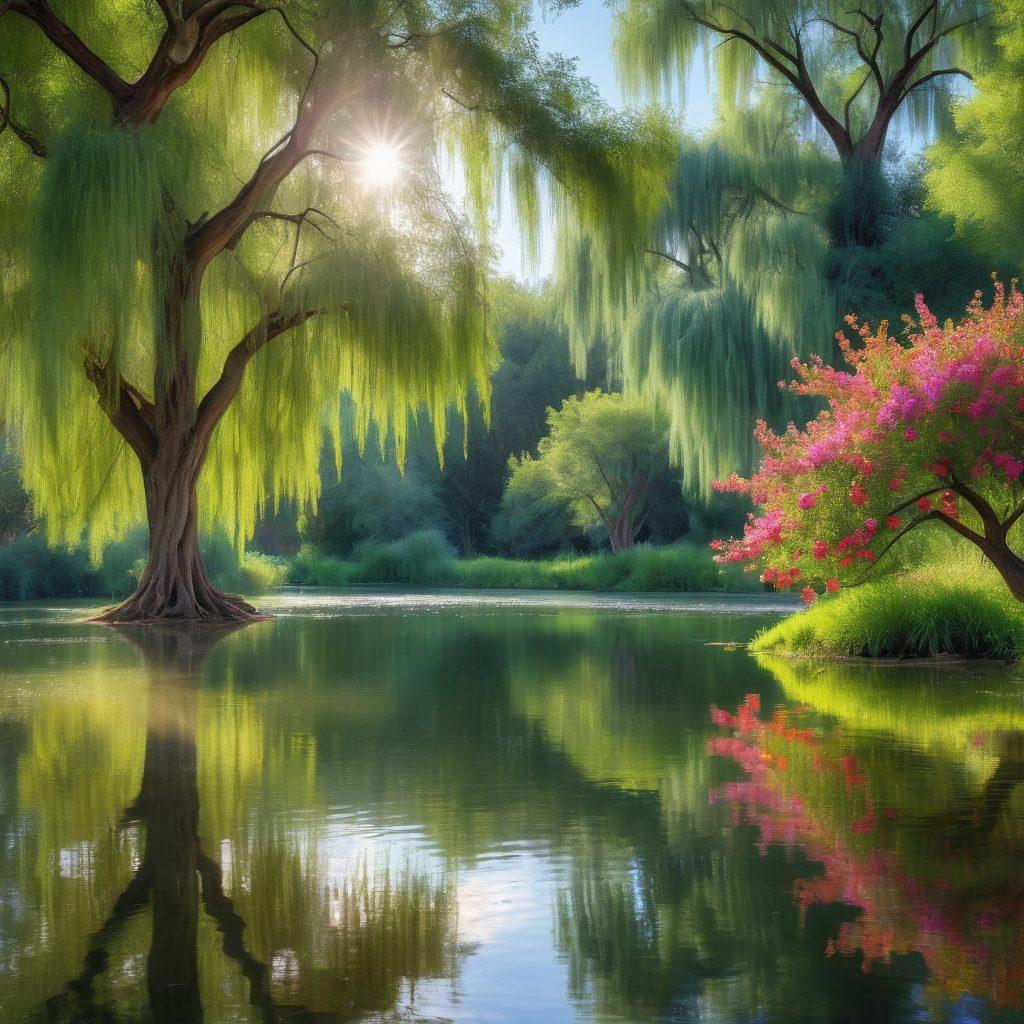 A peaceful landscape with a tranquil lake reflecting the sky, surrounded by lush green trees and colorful flowers. In the foreground, a serene figure meditating under a willow tree, exuding a sense of calm and joy. Soft rays of sunlight filtering through the branches, creating a warm and inviting atmosphere. The overall mood should inspire self-care, optimism, and joyful living. vibrant colors. super-realistic.