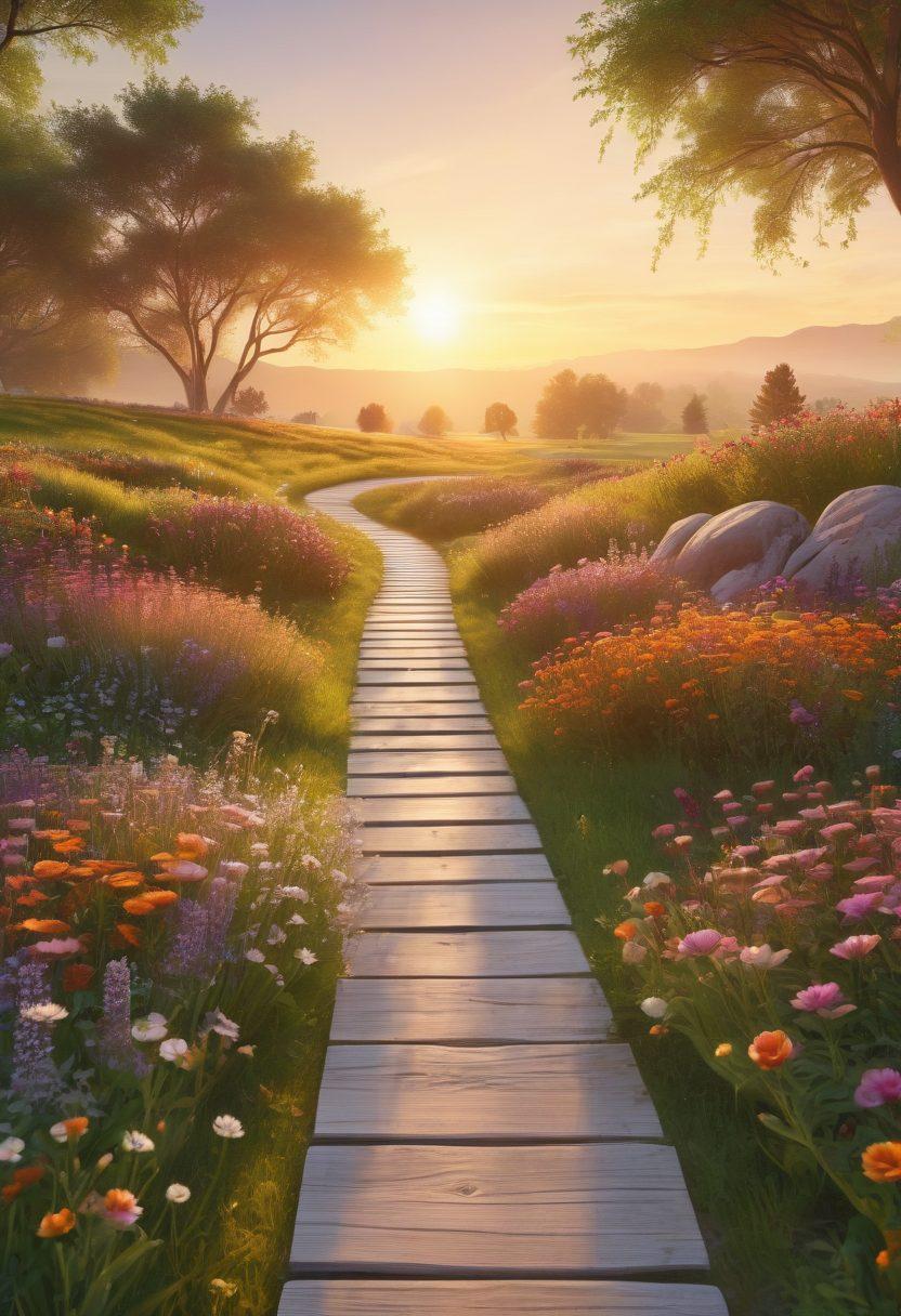 A serene landscape featuring a sunrise over a peaceful meadow, adorned with blooming flowers and a winding path symbolizing a journey to happiness. In the foreground, a diverse group of individuals practicing yoga and meditation, radiating joy and tranquility. Soft, warm colors to evoke feelings of bliss and contentment. super-realistic. vibrant colors. 3D.